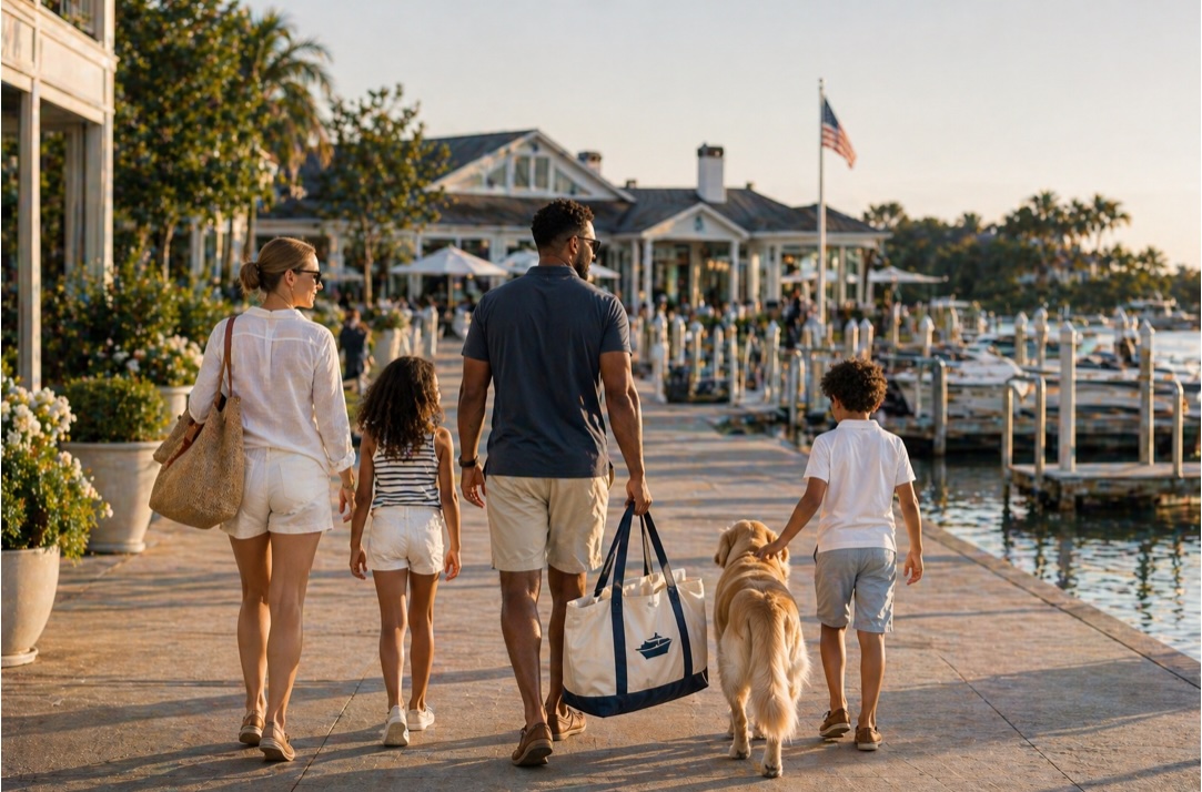 Family walking toward their boat at the marina
